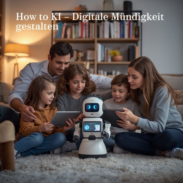 Eine Familie sitzt mit einem Roboter in einem Wohnzimmer