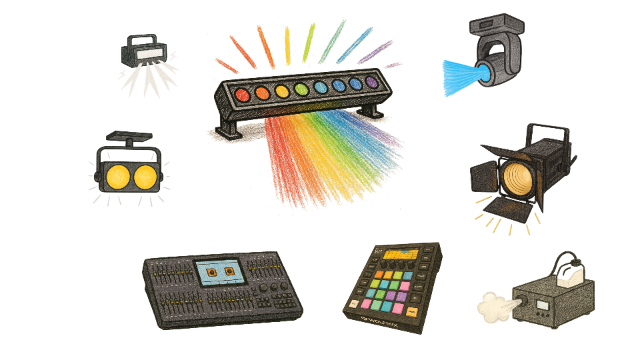 Verschiedene Arten von Lichttechnik auf weißem Grund