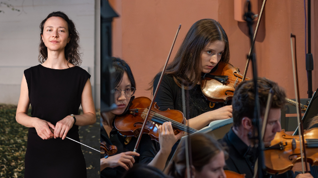 Ina Stoerzenbach links, ein Ausschnitt des Orchesterns rechts