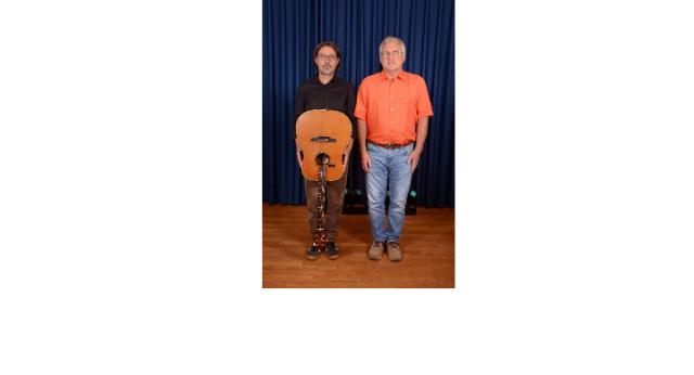 Zwei Mänger stehen auf der Bühne, der linke Mann hält eine Gitarre verkehrt herum in den Händen