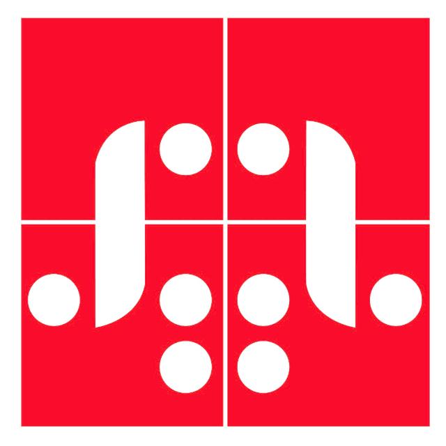 Ein Logo mit weißen Symbolen auf rotem Grund.