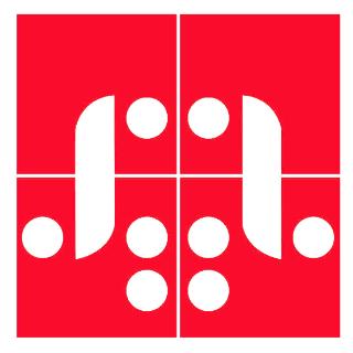 Ein Logo mit weißen Symbolen auf rotem Grund.