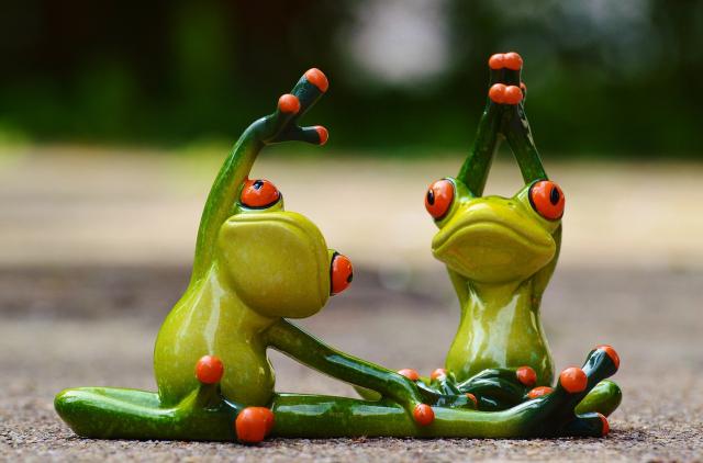 Zwei Froschfiguren trainieren Yoga