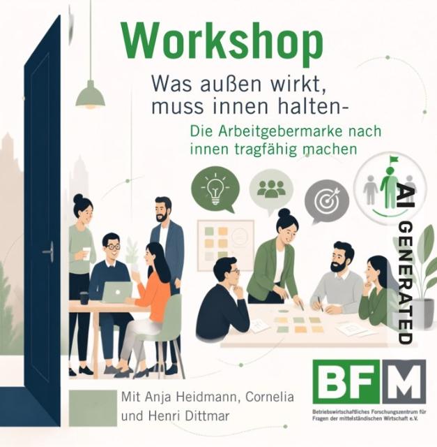 Es zeigt auf der linken Seite eine geöffnete, dunkelblaue Tür, die den Blick auf zwei Gruppen von Mitarbeitern in einer modernen Büroumgebung freigibt. Über den Köpfen der rechten Gruppe schweben drei Business-Icons (Glühbirne, Team, Zielscheibe).