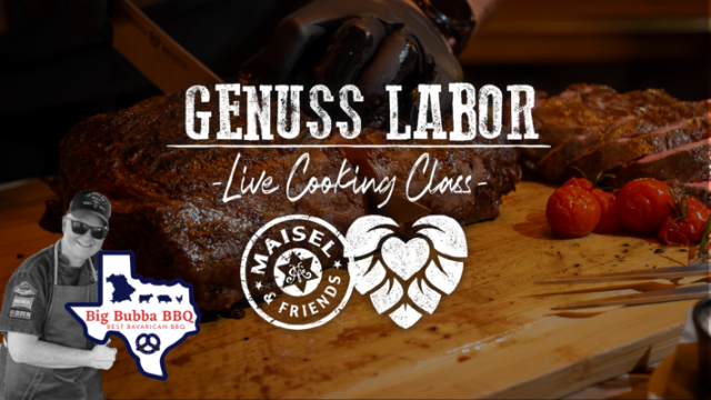 Schrift "Genuss Labor" im Hintergrund ein Steak auf einem Schneidebrett