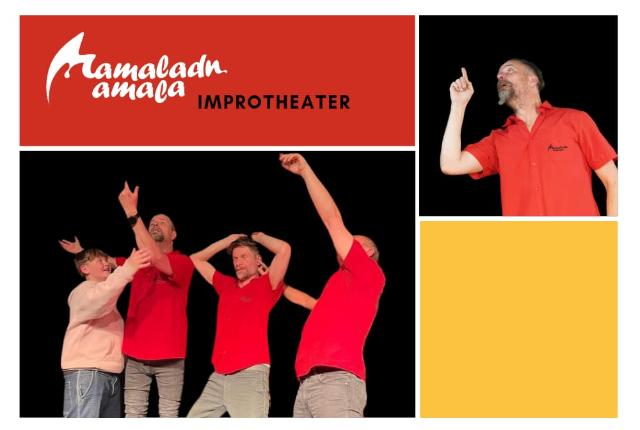 Improspieler auf der Bühne und alle zeigen nach oben