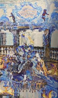 Ein Kunstwerk in Großformat, vornehmlich blau und gold.