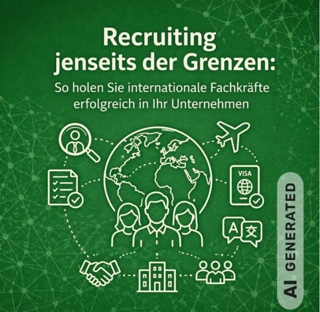 Im Zentrum steht eine stilisierte Weltkugel, vor der drei Personen als Liniengrafik abgebildet sind, umgeben von einem kreisförmigen Netzwerk aus verschiedenen Business-Icons wie einer Lupe, einem Reisepass mit Visum, einem Flugzeug, Dokumenten, Händeschütteln und einem Firmengebäude. 