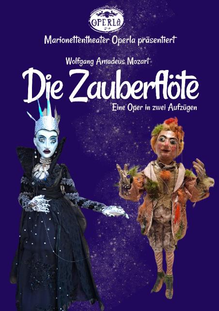 Das Bild zeigt die Puppen "Königin der Nacht" und "Papageno", darüber die Überschrift "die Zauberflöte"
