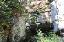 Mitten in einer kleinen Sandsteinschlucht mit Blick auf eine Höhle. Felsen sind verwittert, mit Moos, Flechten und Nadelgehölz bewachsen