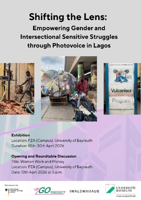 Poster for the photoexhibition with information about the event and three photos, showing a local empowerment program, a person working with machinery and a person standing next to a large trashbag.