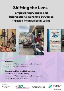 Poster for the photoexhibition with information about the event and three photos, showing a local empowerment program, a person working with machinery and a person standing next to a large trashbag.