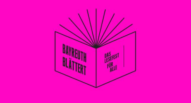 Logo mit dem Schriftzug Bayreuth blättert und Das Lesefest für alle