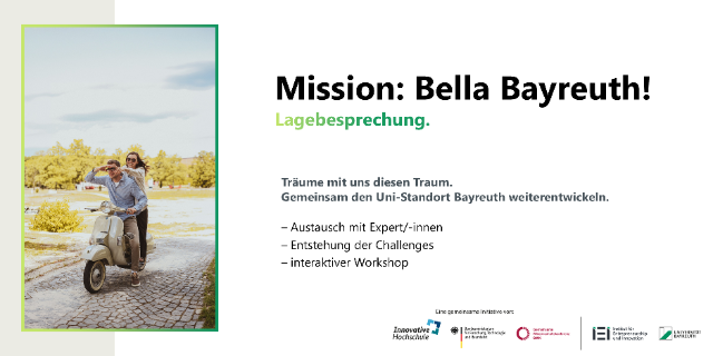 Werbebanner für die Mission Bella Bayreuth. Links ist ein Bild von zwei Personen auf einem Roller zu sehen. Die erste Person hält sich suchend die Hand an die Augen, die zweite Person zeigt auf etwas. Rechts ist der Titel in einem hell/dunkelgrünen Farbverlauf zu sehen mit einigen Stichpunkten zum Event.