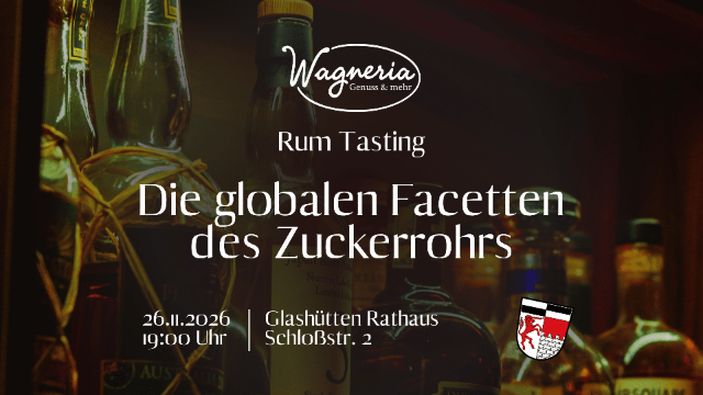 Das Bild zeigt die wichtigsten Veranstaltungsdaten vor Rumflaschen in einer Bar