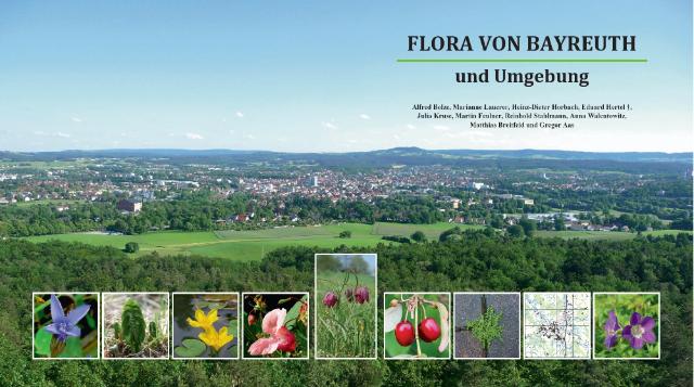 Titel des Buches Flora von Bayreuth und Umgebung mit Leiste einiger Blütenpflanzen