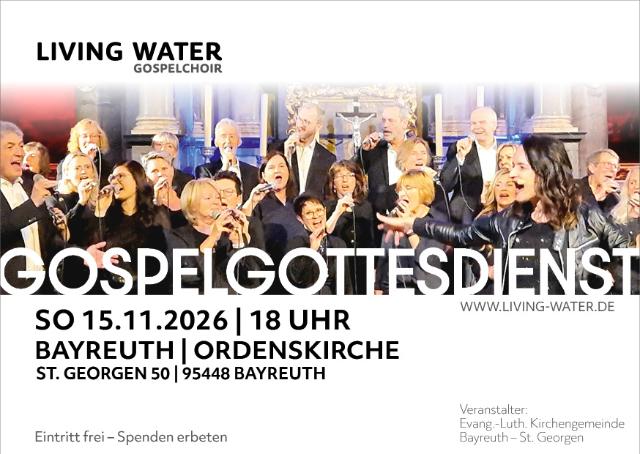 Das Bild zeigt den Einladungsflyer für den Gospelgottesdienst am 15.11.2026 um 18:00 in der Ordenskirche in St. Georgen