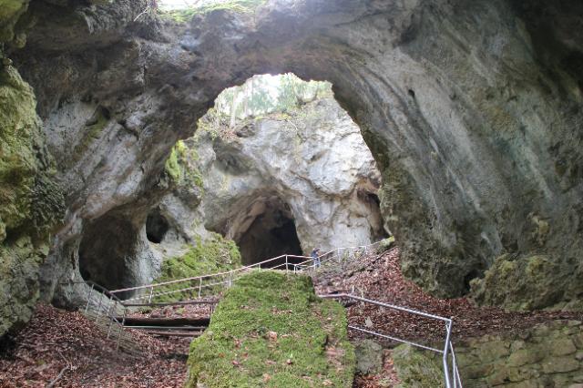Blick in ein Höhlensystem. Es führt eine steile Leiter hinein. Nach oben ist das System geöffnet. Es fällt Licht hinein. Im Vordergrund ein bemooster Felsen. Eine Persone steht in der Höhle und Macht Fotos.