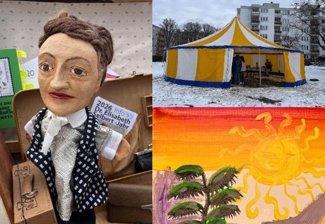 Bildercollage mit Zelt, Puppe und Kunst