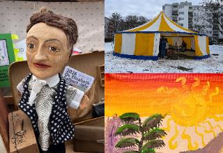 Bildercollage mit Zelt, Puppe und Kunst