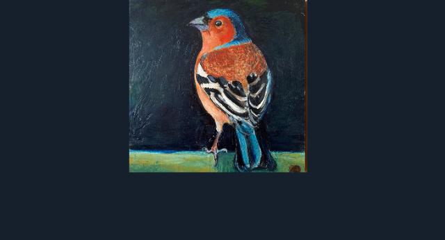 Buchfink, Enkaustik auf Holz - Ausstellungsstück von Manfred Leirer