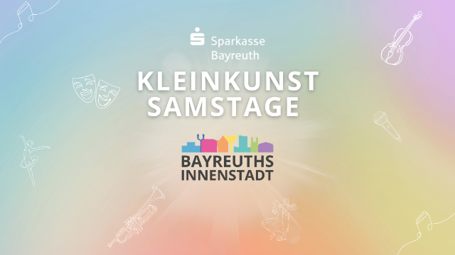 Es handelt sich um ein Plakatmotiv, auf dem verschiedene Piktogramme auf buntem Hintergrund mit dem Schriftzug Kleinkunst-Samstage zu sehen sind
