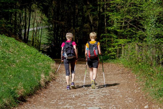 Zwei Frauen laufen einen Waldweg mit Nordic Walking Stöcken entlang. 