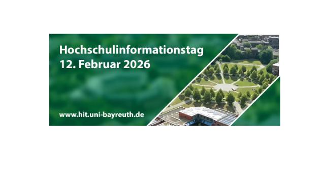 Das Bild zeigt den Campus der Uni Bayreuth. Es enthält Titel, Datum und Internetadresse
