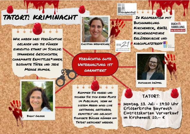 Plakat der Kriminacht mit Fotos der Autorinnen und Informationen zur Veranstaltung.