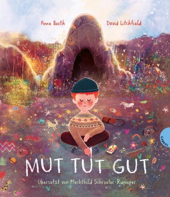 Ein illustriertes Bild, bei dem ein junge mit roten Haaren und Mütze im Schneidersitz vor einem Berg sitzt.