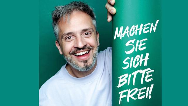 Mann auf grünem Hintergrund mit Schreibschrift des Titels