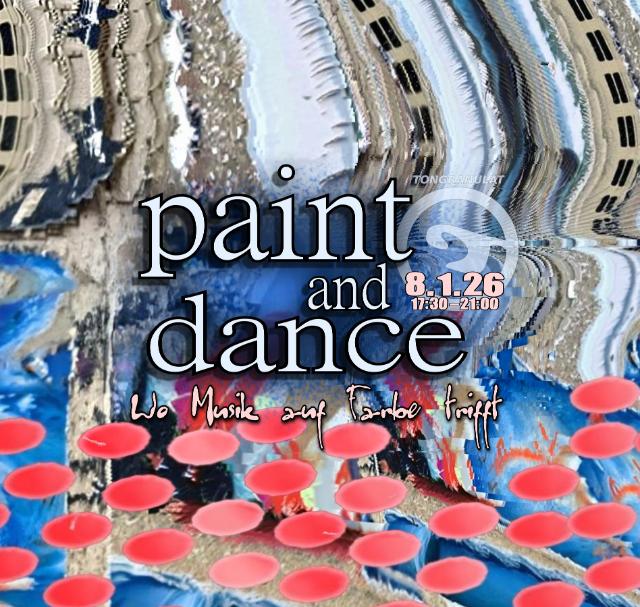 Paint and Dance Schriftzug auf welligem Hintergrund mit roten Punkten.