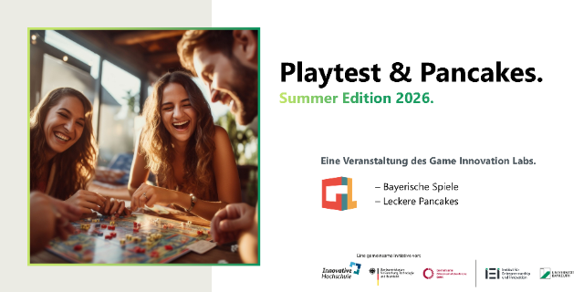 Werbebanner für Playtest und Pancakes. Links zu sehen ist ein Bild mit drei Menschen, die ein Brettspiel spielen. Daneben ist oben die Überschrift des Events zu sehen.  Darunter befinden sich zwei Stichworte, das Logo des Game Innovation Labs und eine Logoleiste. 