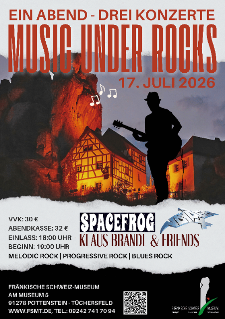Konzertplakat mit dem Museumsfelsen als Hintergrund und den Logos und Details der drei spielenden Bands