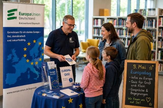 Ein Mann mit Brille an einem Infostand erzählt lächelnd einer Familie mit zwei Kindern etwas. 