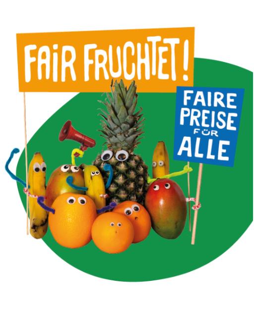 Lustige Früchte demonstrieren für Fairen Handel
