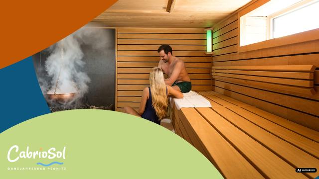 Mann und Frau sitzen in Badebekleidung in einer Sauna mit Dampfkessel 