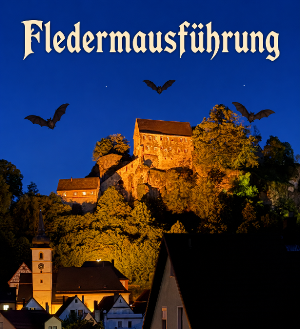 Im HIntergrund Burg Pottenstein und Fledermäuse
