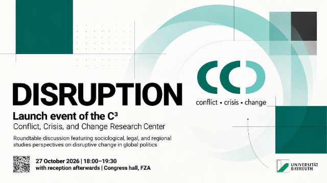 Grafische Elemente und Text: "DISRUPTION - Launch event of the C3 Conflict, Crisis, and Change Research Center, Roundtable discussion featuring sociological, legal, and regional studies perspectives on disruptive change in global politics