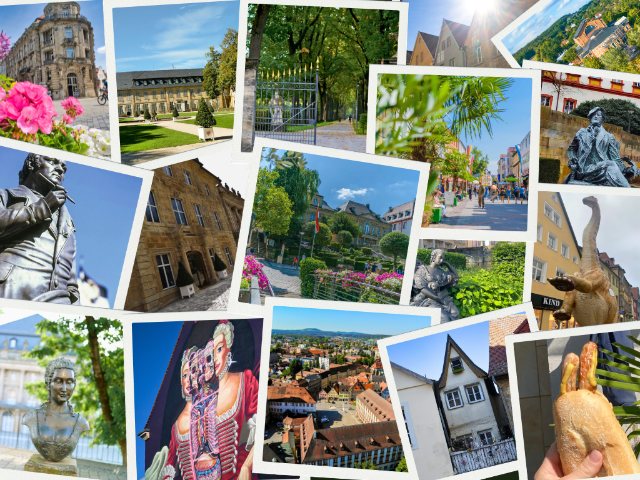 Viele kleine Fotos von unterschiedlichen Aspekten Bayreuths sind zu einer Collage zusammengefügt.