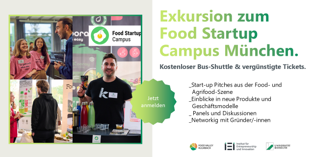 Werbebanner für den Food Startup Campus München. Zu sehen sind Teilnehmende aus dem letzten Jahr und einige Stichworte zu dem Event.