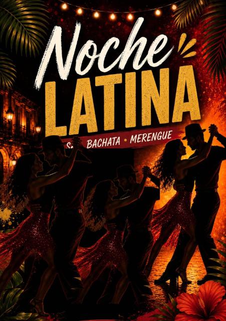 Schriftzug Noche Latina und tanzende Silhouetten