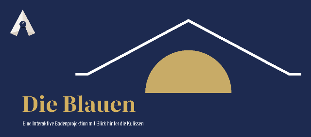 Auf dem Bild ist eine Abstraktion des Festspielhauses zu sehen, sowie das Logo von Salzsammler. Darunter steht: Die Blauen - Eine Interaktive Bodenprojektion mit Blick hinter die Kulissen 