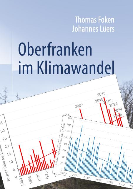 Ein Buchcover, im Hintergrund Wald, im Vordergrund blaue und rote Säulendiagramme. Buchtitel: Oberfranken im Klimawandel.