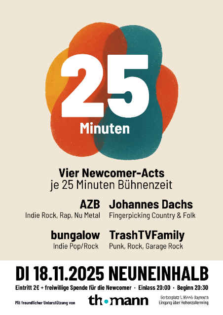 Plakat für die Reihe "25 Minuten": Schriftzug auf bunten Flecken in Wasserfarbenoptik.