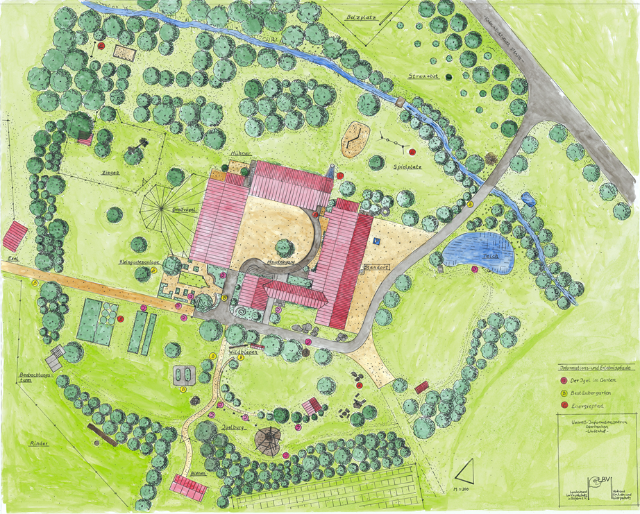 Das Bild zeigt einen gezeichneten Lageplan des Umweltinformationszentrums Lindenhof in Bayreuth aus der Vogelperspektive.