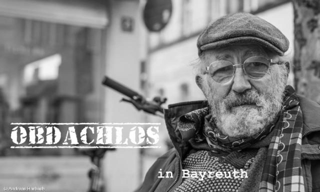 Titelbild des Films "Obdachlos in Bayreuth" mit Schwarz-weiß Portrait einer obdachlosen Person.