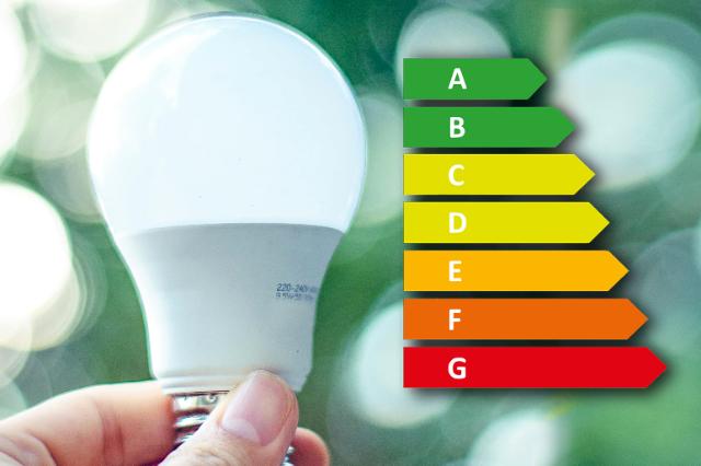 Glühbirne vor Grünem Hintergrund mit Energieeffizienzbalken