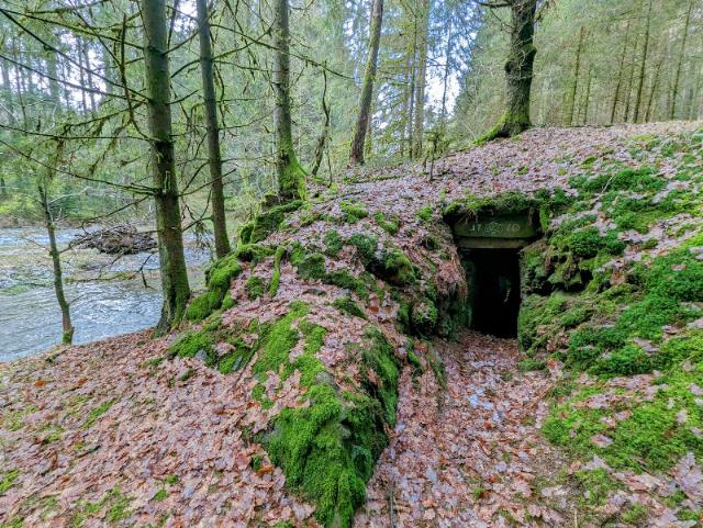 Eingang zu einem historischen Stollen Wald. Der Eingang ist bemoost. Linkst fließt ein Fluss entlang. Über dem Eingang steht die Jahreszahl 1770.