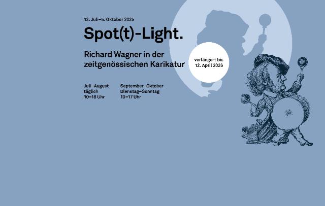 Plakat zur Sonderausstellung das Richard Wagner eine Pauke schlagend als Karikatur zeigt.